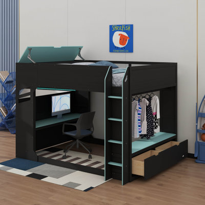Full Size Wood Loft Bed With Desk,Drawers,Storage Compartments,Hanging Rod And RGB Lights