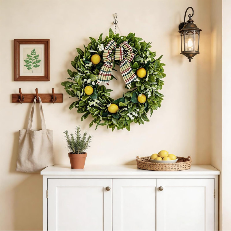 Couronne de citron de 20 po pour la porte d'entrée, couronne de printemps artificielle d'été avec feuilles d'oreille en agneau et nœud à carreaux pour fenêtre de porche décor de ferme de cuisine