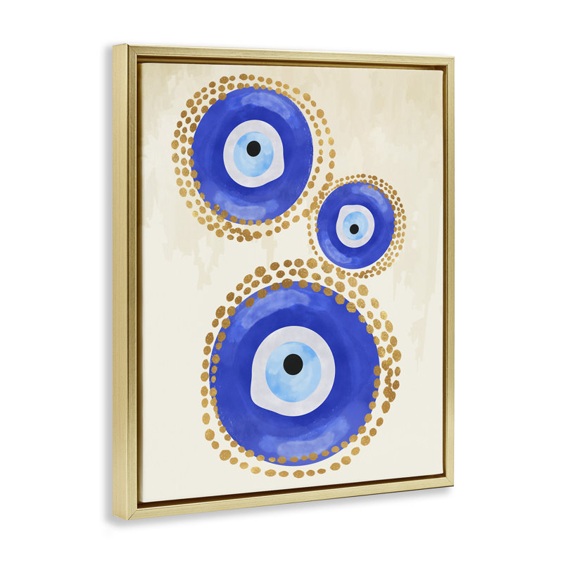 Round Blue Evil Eye Pattern, Metallic Gold Floater Frame, 21" H x 17" W