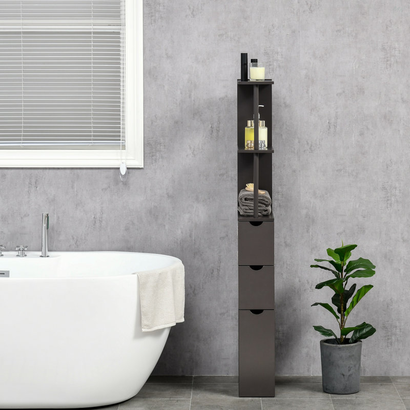 54" Tall Bathroom Storage Cabinet, Freestanding Linen Tower With 2-Tier Shelf And Drawers, Narrow Side Floor Organizer, Brown