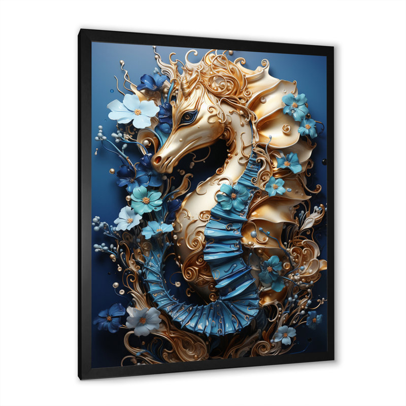 «Sapphire Seahorse Delicate Drips I», reproduction sur toile, H 32 po x l 16 po x P 1 po, Cadre photo noir