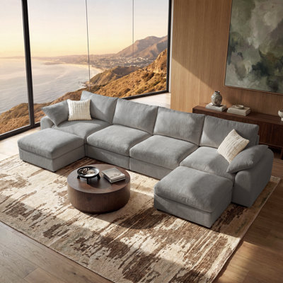 Rialto 145.6'' W 4-Seat Modern Chenille Cloud Down-Blend Modular Round Arm U-Shaped Sectional Sofa with Storage Ottoman, Tool-Free Assembly, Washable Covers
