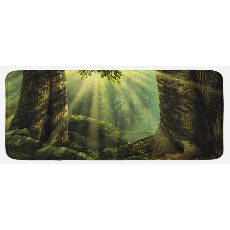 Tapis de cuisine à l’intérieur de la forêt avec des poutres et des corps d’arbre en mousse, tapis de cuisine vert olive et armée