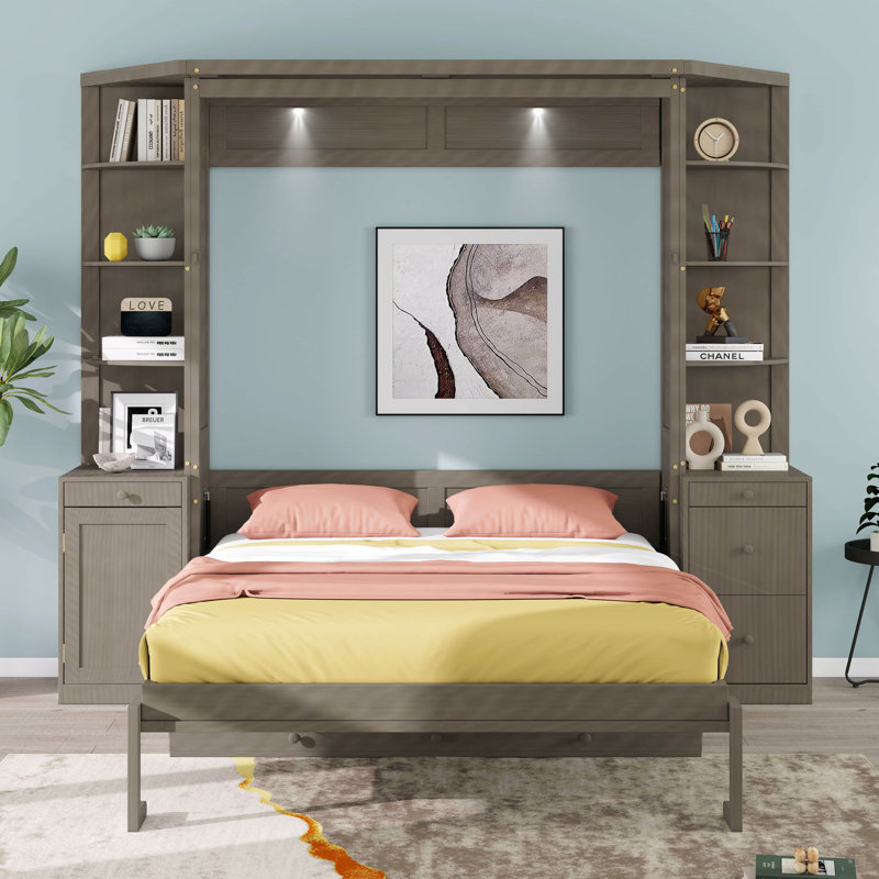 Grand lit escamotable avec bureau et tablettes, cadre de lit mural avec étagères et armoires intégrées, lit rabattable tout-en-un