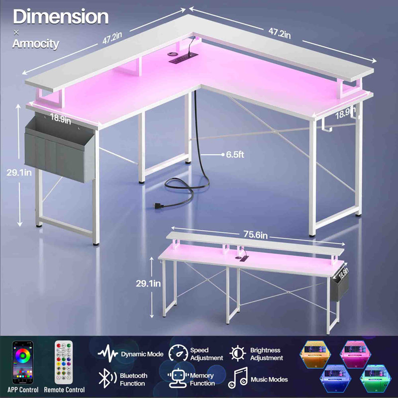 Black L-Shaped Gaming Desk with Power Outlets and Storage