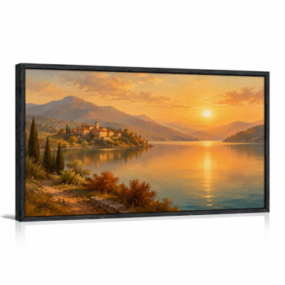 «Golden Sunset Over Lake And Hillside Village», art mural sur toile