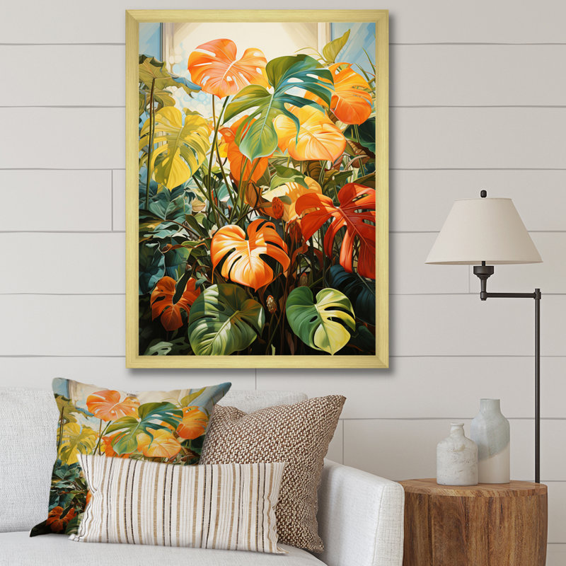 Feuillage tropical orange et vert III, Encadrement doré, H 20 po x l 12 po x P 1 po