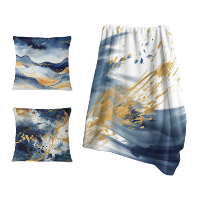 Ensemble de couverture et coussin décoratif bleu foncé et or Abstract IV - Fractals