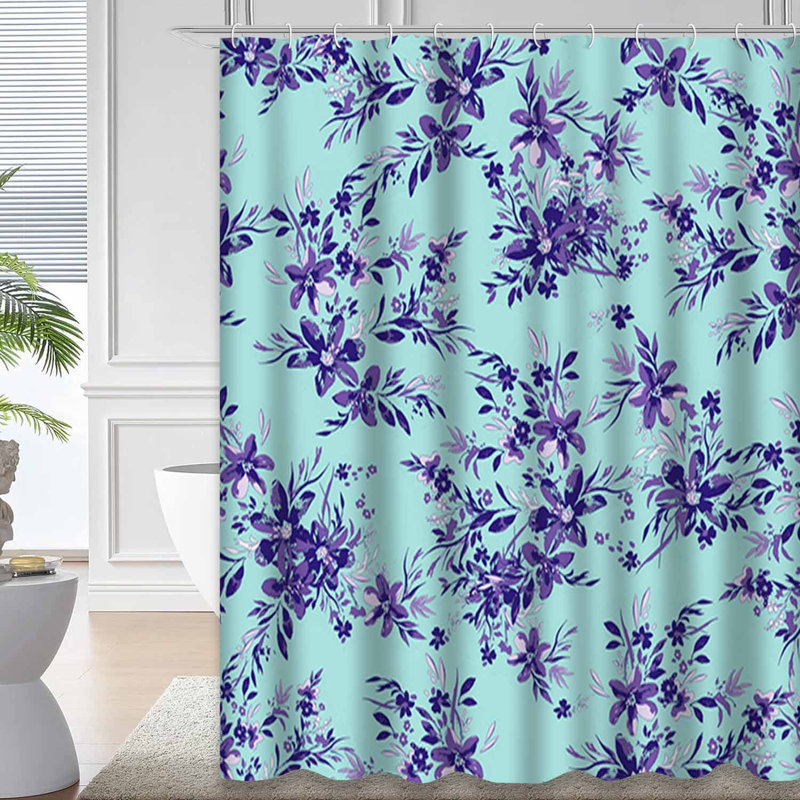 Rideau de douche à motif floral turquoise et bleu avec 12 crochets, L 72 po x l 78 po