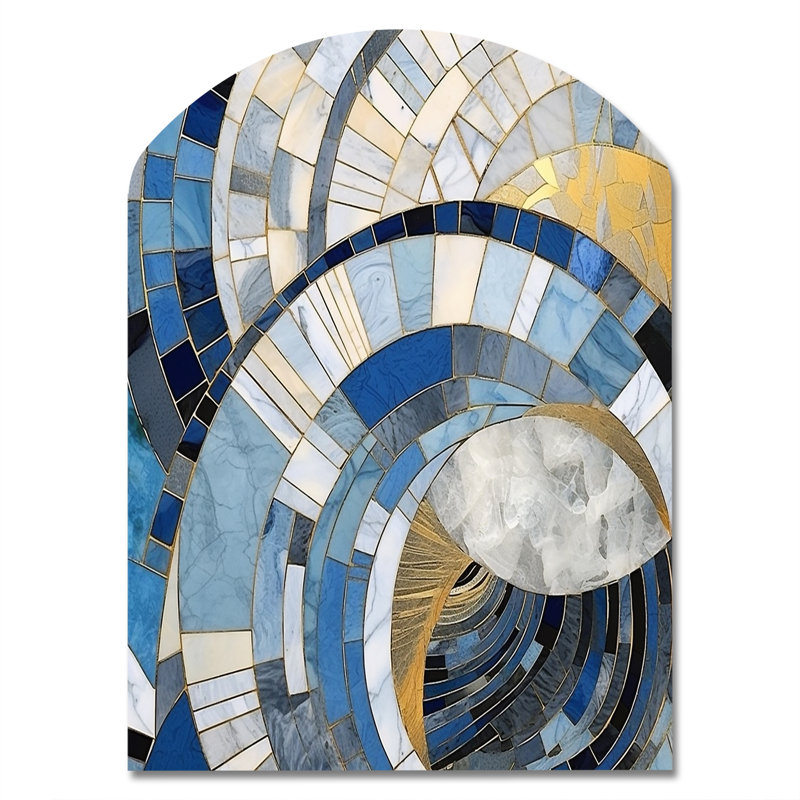 «Gold Constructing Blue Realms I - Arch Abstract Shapes», décoration murale en métal asymétrique, H 34 po x l 25 po