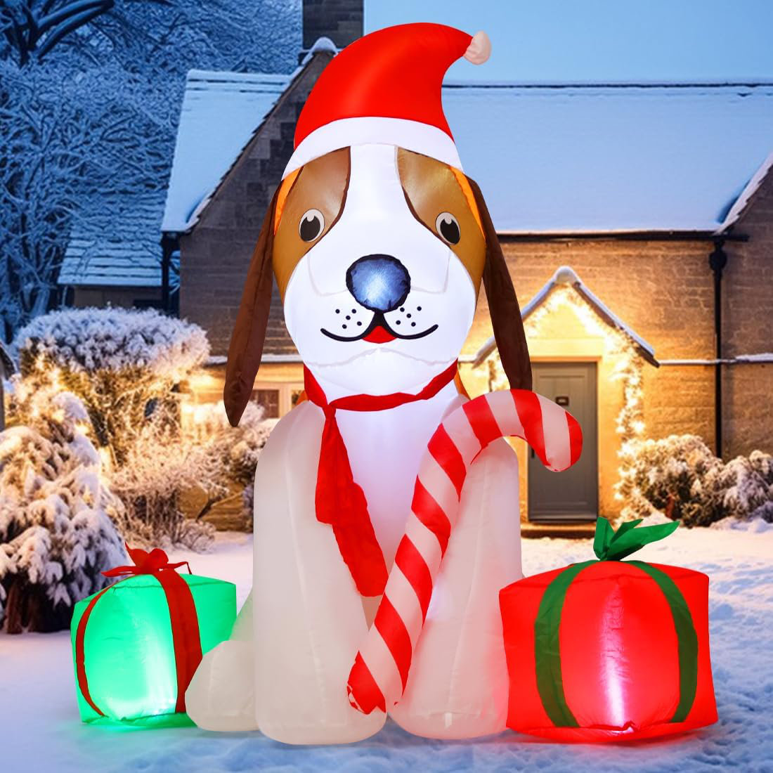 The Holiday Aisle® Christmas Inflatable 5 FT Christmas Inflatable Dog Cute Blow Up Dog with Gift