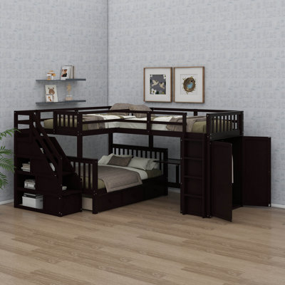 L-Shaped Bunk Bed Setup With Twin Beds Upstairs And Full Bed Downstairs, Includes 3 Drawers, A Movable Desk, And An Integrated Closet