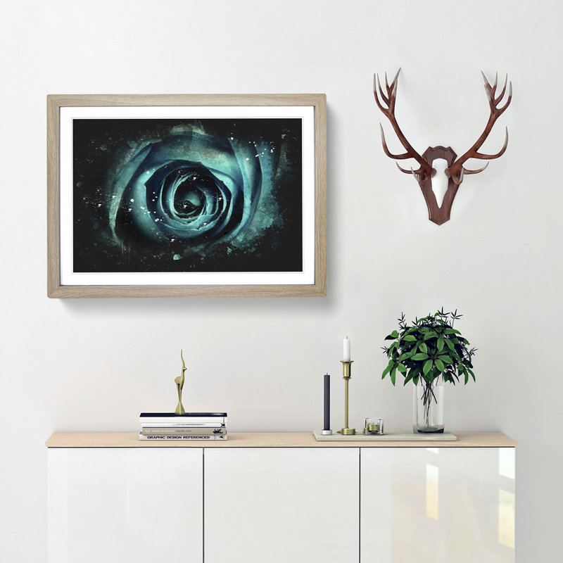 A Teal Rose - Single Picture Frame Print on MDF, 62cm H x 87cm W x 2cm D, Oak Framed