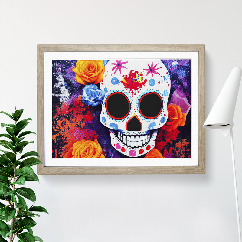XH1022-4027X Flowing Floral Sugar Skull 1 Piece Single Picture Frame Wall Art, 34cm H x 46cm W x 2cm D, Oak Framed