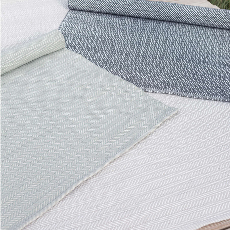 Herringbone Pearl Handwoven Indoor/Outdoor Rug, Runner 2'6" x 12', Light Blue/Ivory