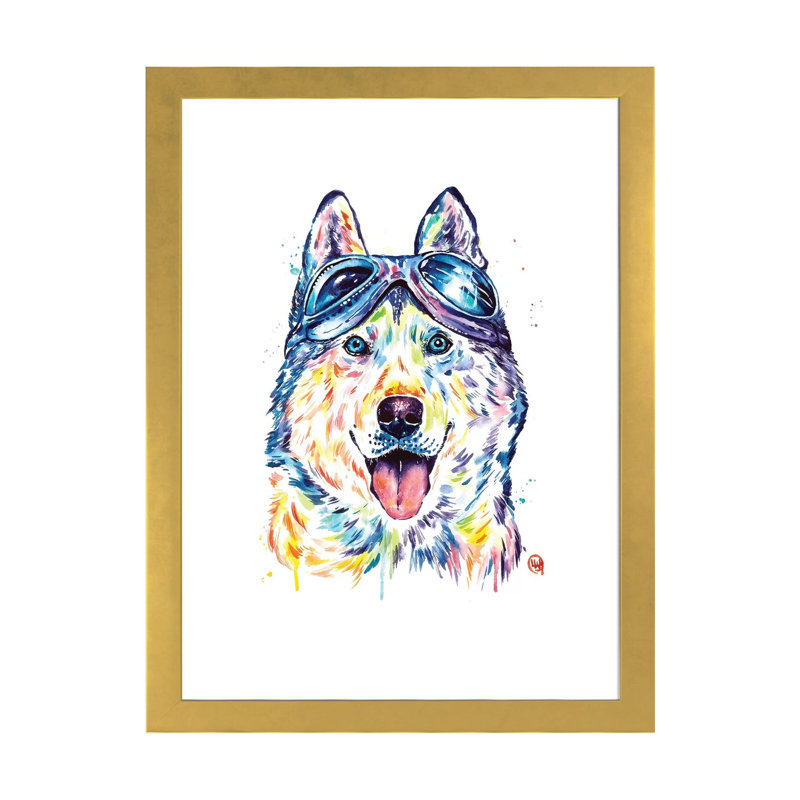 Husky Aviators par Lisa Whitehouse - impression d'art graphique, Papier encadré doré, Blanc, H 32 po x l 24 po x P 1 po