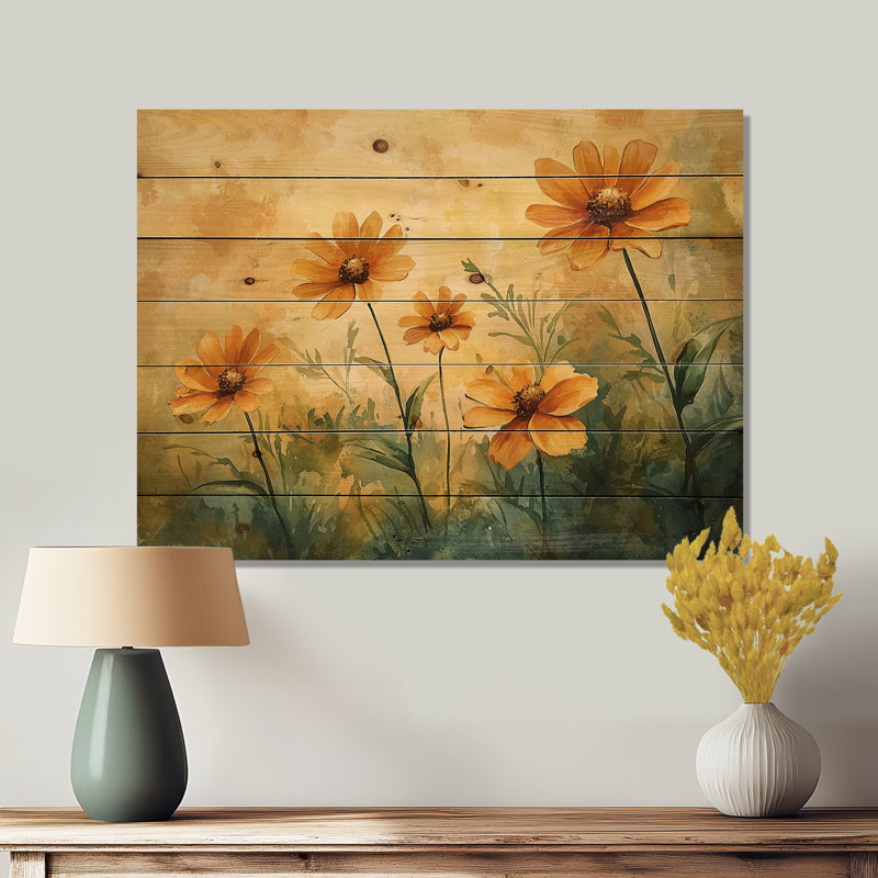 Summer Zinnias Sunlit Petals III - Zinnias Wood Print - On Natural Pine Wood, 24" H x 32" W x 0.78" D