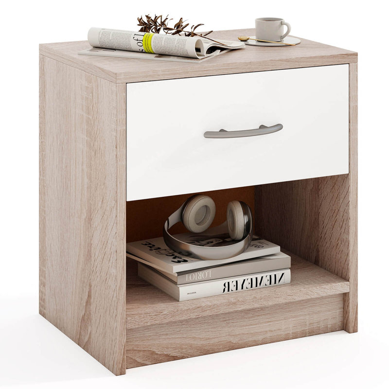 Modern Nightstand Bedside Table With Drawer Open Storage Shelf For Small Spaces, White/Natural