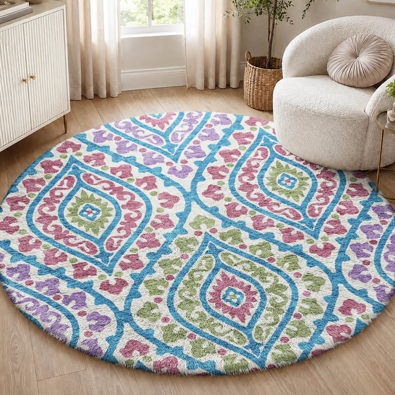 Tapis Dream Shag ADS766, lavable à la machine, de qualité supérieure, à motif losanges., White, 8' Round