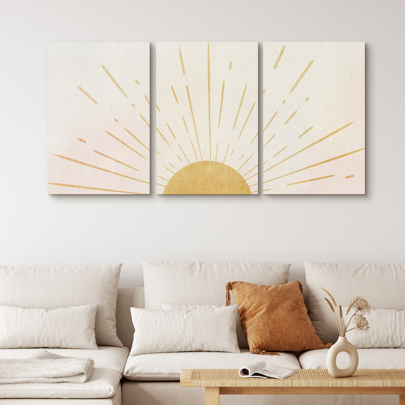 Sunrise Geometric Yellow and Natural Canvas Print Set with MDF Frame