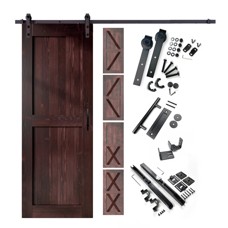 Porte en bois de pin massif 5-en-1 de conception 80 po avec quincaillerie d'installation rustique noire 5 en 1, Rouge
