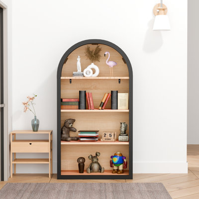 Bibliothèque de 4 tablettes arquées noires de 42,93 po de hauteur, de rangement, d'armoire rétro et moderne, de construction stable, de 43 po de hauteur avec un design élégant, basculant et polyvalent