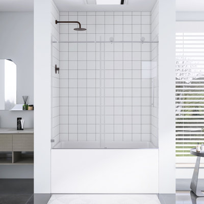 55-60 In. W × 63 In. H Frameless One Fixed And One Shifted Shower Door In Brushed Nicke | 5/16" 8MM Tempered Glass With Stick Explosion-Proof Menbrance |  70MM 304 Stainless Steel Large Pulleys With Adjustable Soft Closing Function