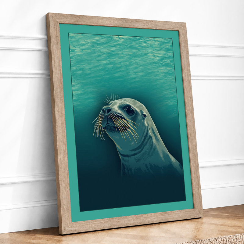 Seal in Turquoise Coastal - Framed Print, Oak, A3 - 42.0 x 29.7 cm