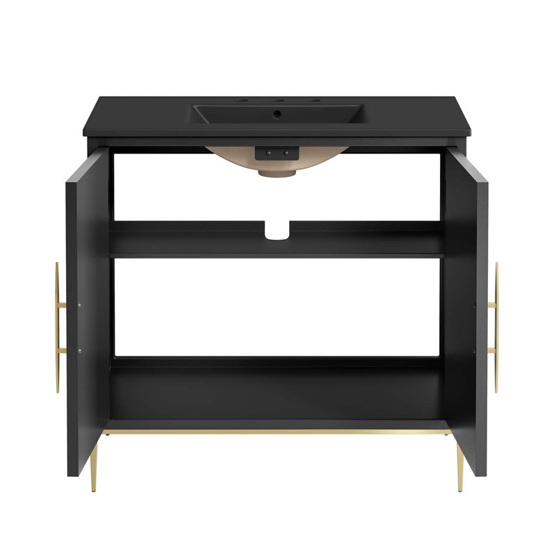 Modway Awaken 36" Black Solid Wood Bathroom Vanity with Gold Accents