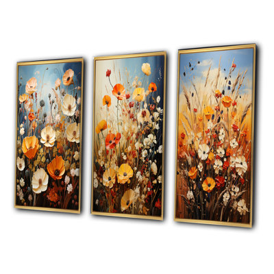 «Orange Yellow Seasonal Flowers Seasonal Collage», 3 pièces sur toile