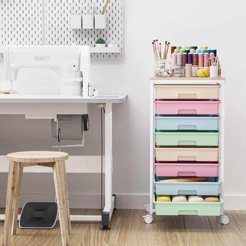 Rolling Storage Cart with Drawers,Utility Cart With 8 Drawers and Wooden Tabletop,Plastic Storage Drawers,Craft Storage