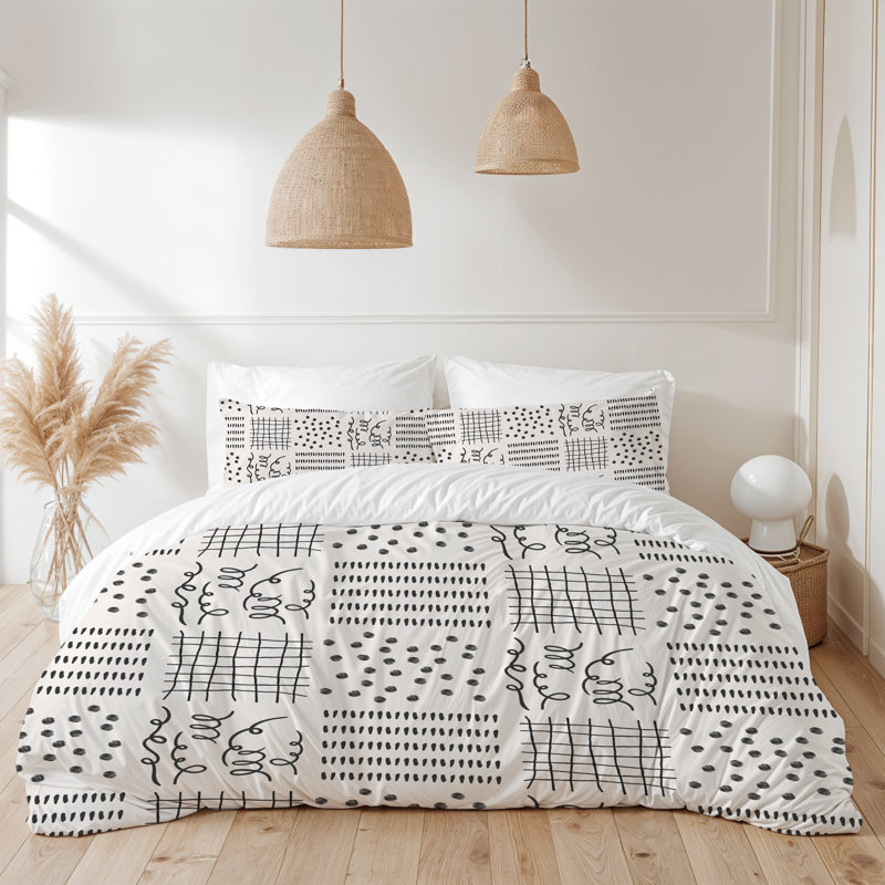 Microfiber Comforter Set, Black/White Geometric, King Comforter + 2 King Shams