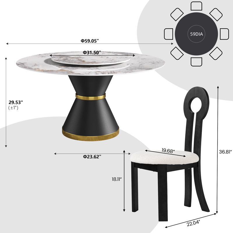 8 Seat Modern Round Sintered Stone Dining Table With Rotating Tray,modern Key-shaped Dining Chairs, Pandora