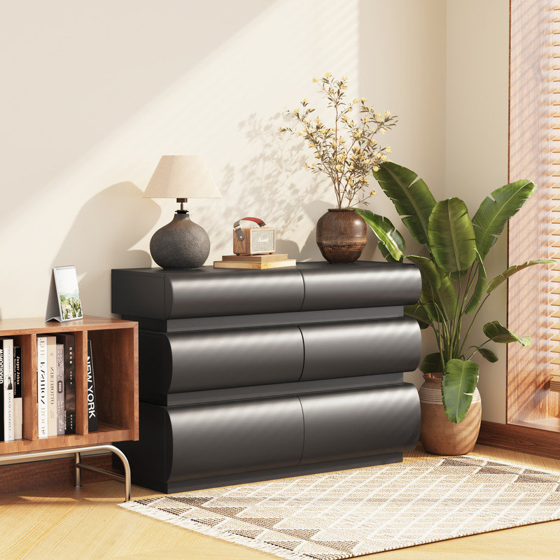Commode noire à 6 tiroirs sans poignée, commode courbée moderne avec design anti-basculement