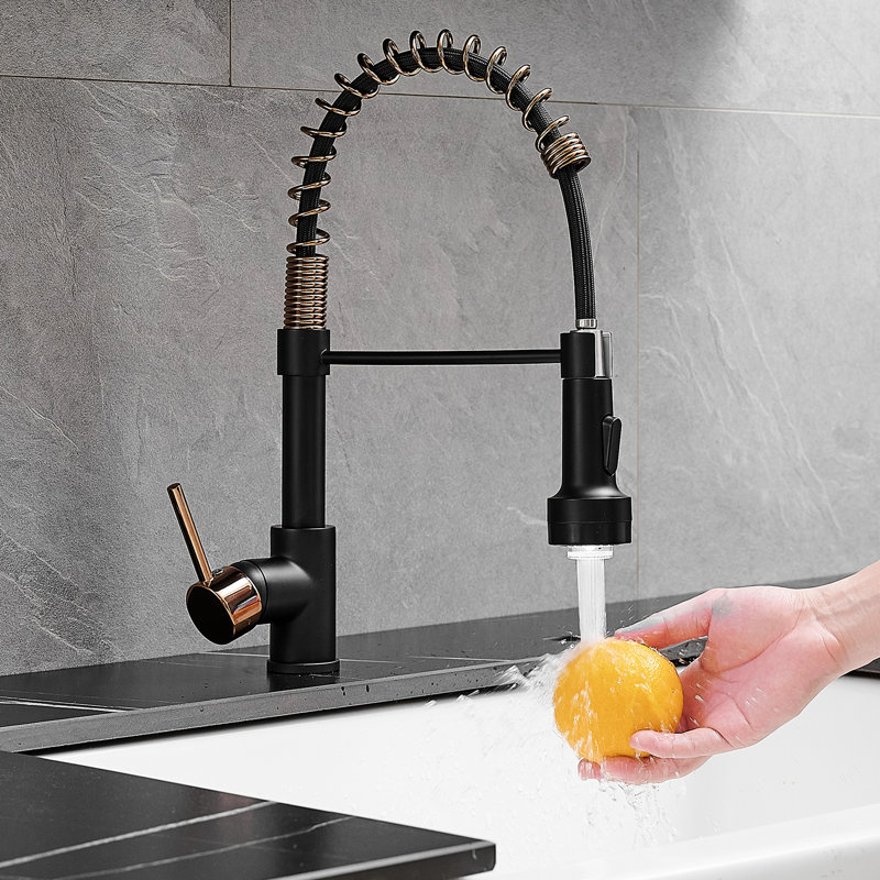 Robinet d'évier de cuisine commercial avec bec rétractable, levier unique, finition noire et or rose, fonction DEL, design contemporain, robinet en céramique, bec rotatif à 360 degrés, robinet à poignée facile à nettoyer,
