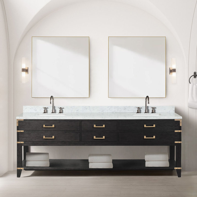 84" Double Bathroom Vanity Set, Black Oak, White Carrara Marble