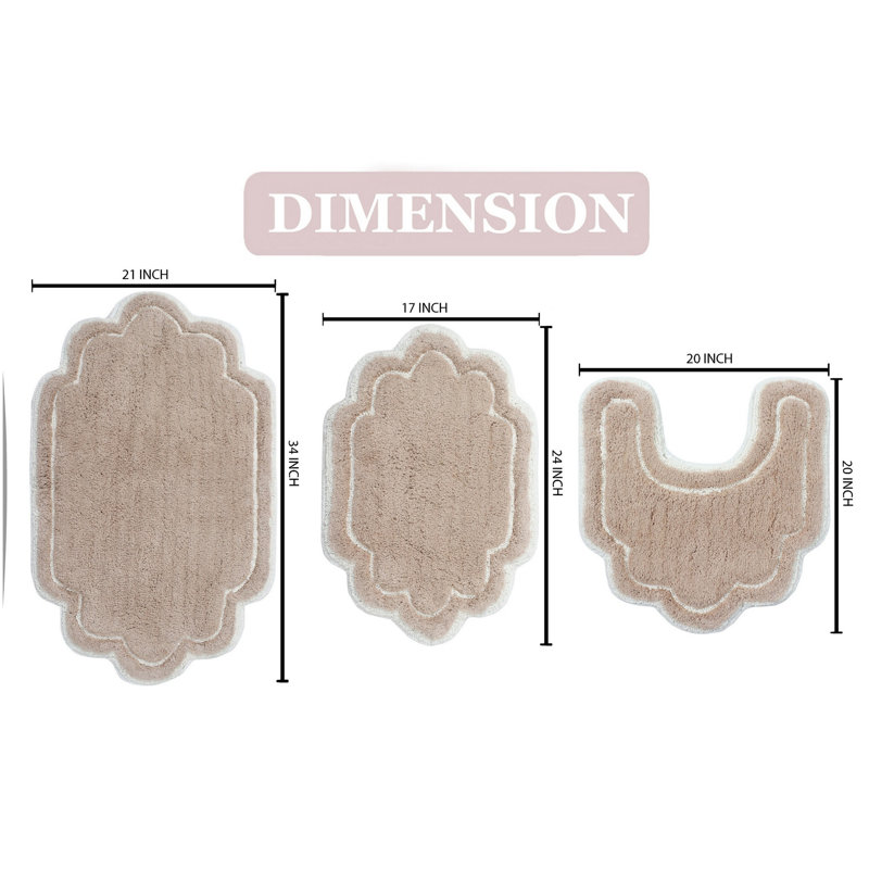 Dobrinka Cotton Bath Rug Set, Machine Washable, Quick Dry, Absorbent - 3 Piece Set with Contour, Linen