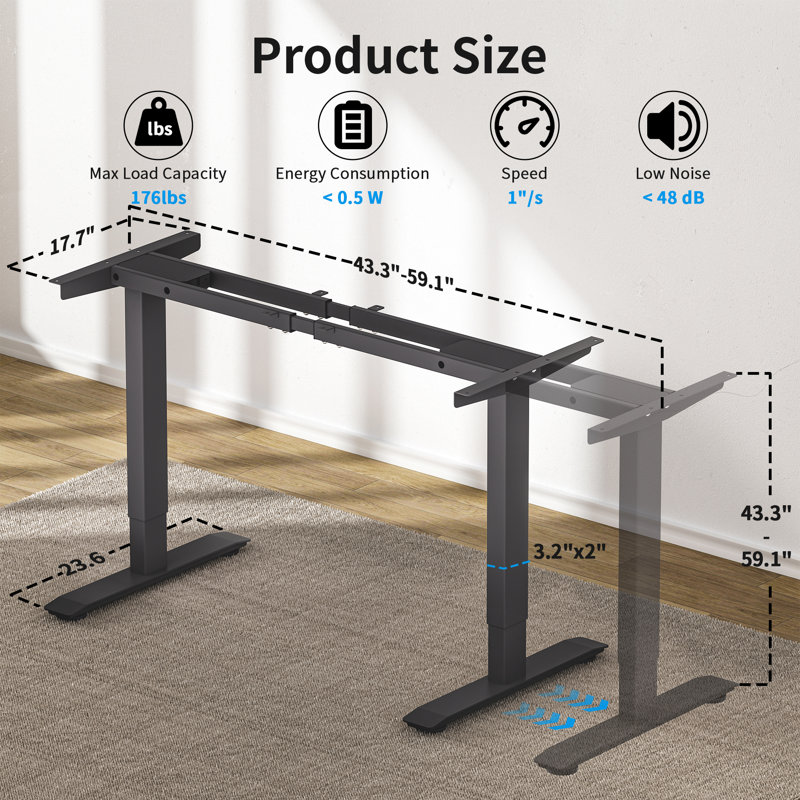 Structure de bureau électrique à deux moteurs avec contrôleur de mémoire, pieds de table de bureau d'ordinateur réglables jusqu'à 47,3 po pour bureau à domicile, montage rapide