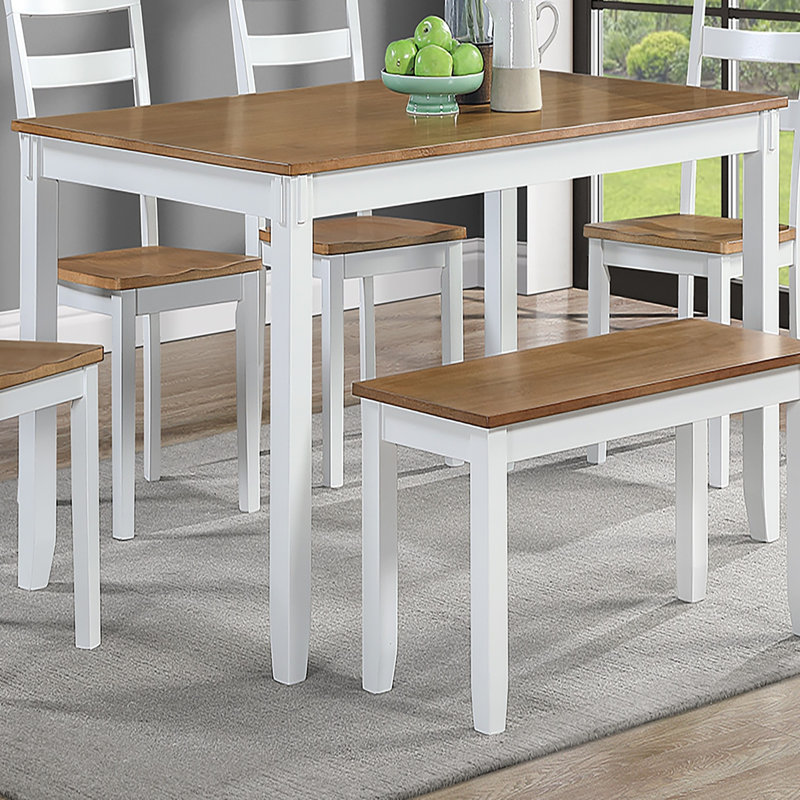 Ensemble de salle à manger 6 pièces rectangulaire contemporain, table en bois d'hévéa blanc et brun clair avec sièges en bois massif, 4 chaises d'appoint et 1 banc brun clair + blanc + bois d'hévéa + bois massif + contemporain + moderne + transitionnel