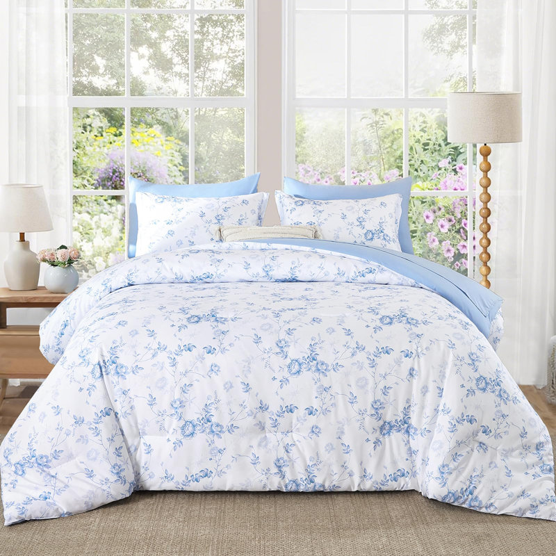 Ensemble d'édredon réversible à motif floral 7 pièces avec ensemble de draps 7 pièces, Blue