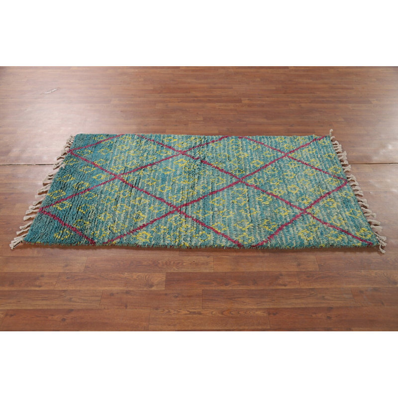 Tapis de vestibule marocain en laine à treillis turquoise 3 x 5
