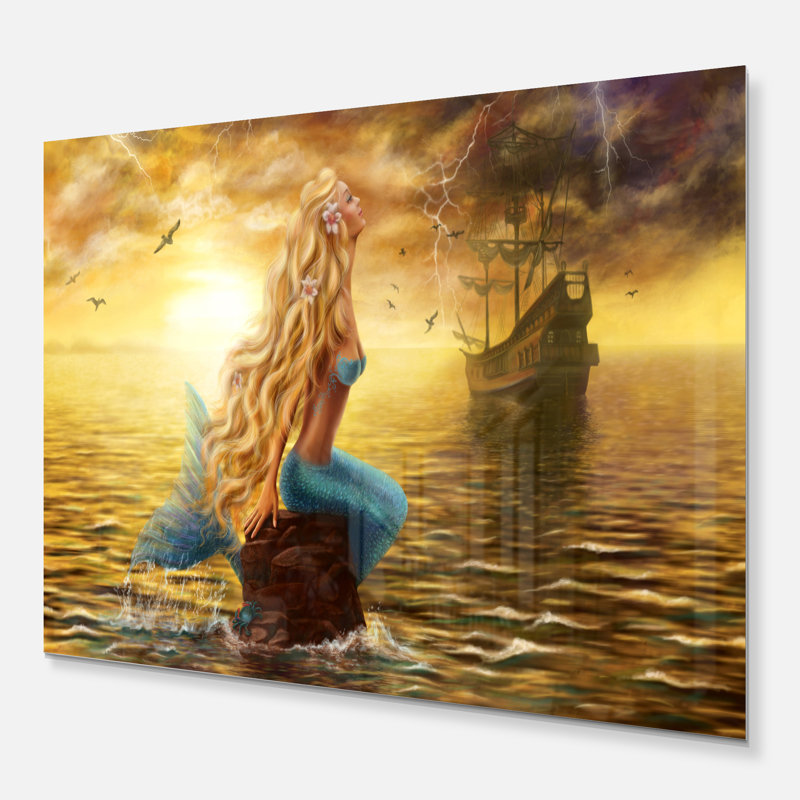Sea Mermaid with Ghost Ship - impression d'art graphique, Métal métal, H 34 po x l 44 po x P 1 po