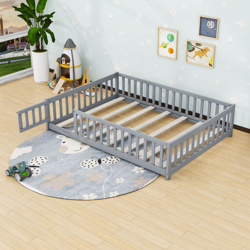 Lit en bois avec clôture et porte, Complète, gris