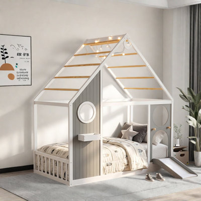 Lits jumeaux cabane avec glissade, cabane de jeu moderne en bois MDF pour chambre d'enfant