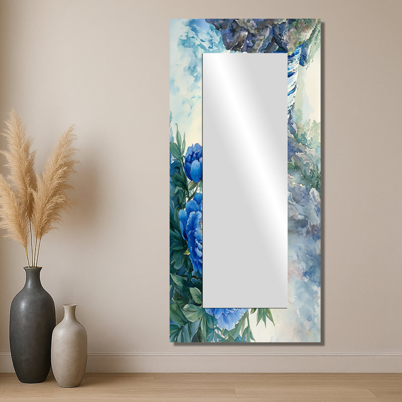 Pivoines par la chute d'eau II - miroir mural floral - imprimé sur métal, 28 po x 60 po