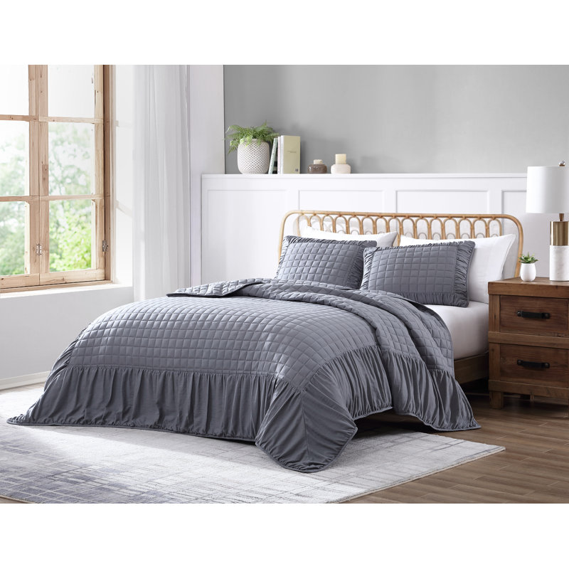 Cedra Quilt Collection Traditional Polyester Quilt, Twin Quilt + 1 Sham, Charcoal