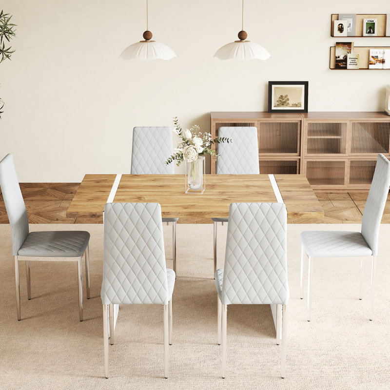 Table en grain de bois naturel et 6 sièges gris à déformation de 55 po x 31,5 po avec chaises en polyuréthane imperméables