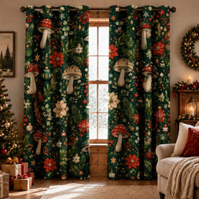 2Pcs rideaux de Noël floraux de champignon fantaisiste, vacances d'art enchantées sur le thème de la forêt, motif festif de l'hiver au pays des merveilles avec anneau pour le salon