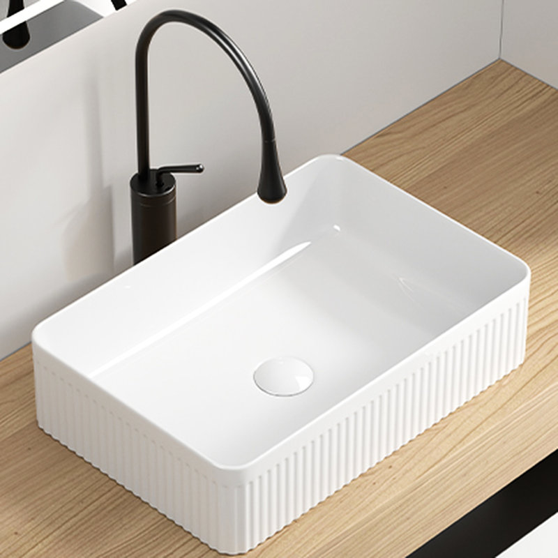 Modern Rectangular Bathroom Vessel Sink - White Porcelain, Deep Bowl, Stable Base, Quick Drain, 19.65 In Depth, 5.23 Height