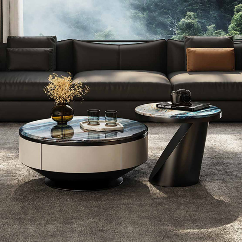 Round microcrystalline stone coffee table, 13.8" H x 35.4" L x 35.4" W